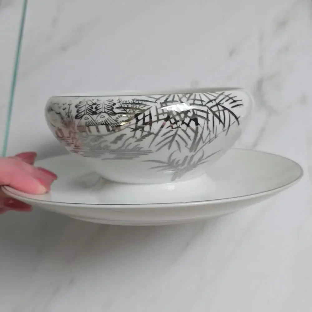 Vintage Meiyo China Nippon 1940s Silver Lithopane bowl attached to plate